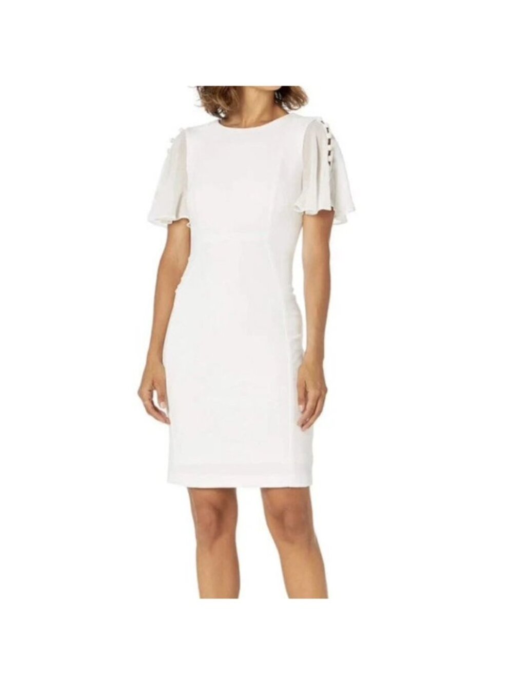 NWT Calvin Klein Womens White Flutter Chiffon Sleeve Sheath Dress Size 6